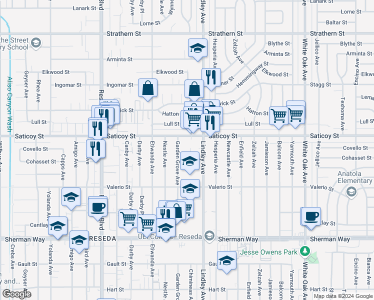 map of restaurants, bars, coffee shops, grocery stores, and more near 7535 Chimineas Avenue in Los Angeles