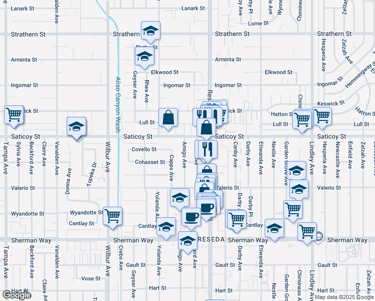 map of restaurants, bars, coffee shops, grocery stores, and more near 7528 Amigo Avenue in Los Angeles
