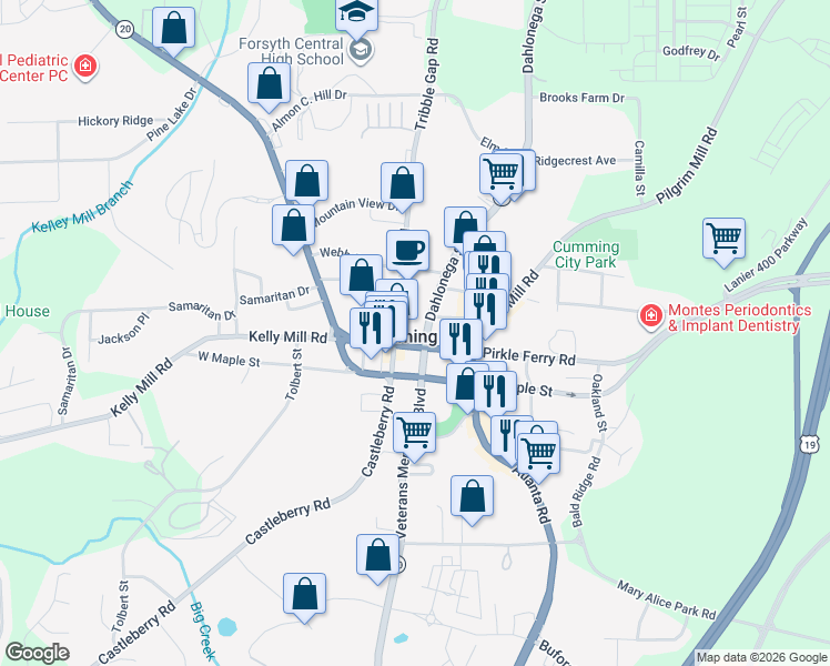 map of restaurants, bars, coffee shops, grocery stores, and more near 100 East Main Street in Cumming