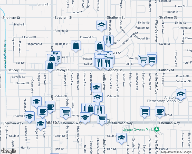 map of restaurants, bars, coffee shops, grocery stores, and more near 7535 Chimineas Avenue in Los Angeles