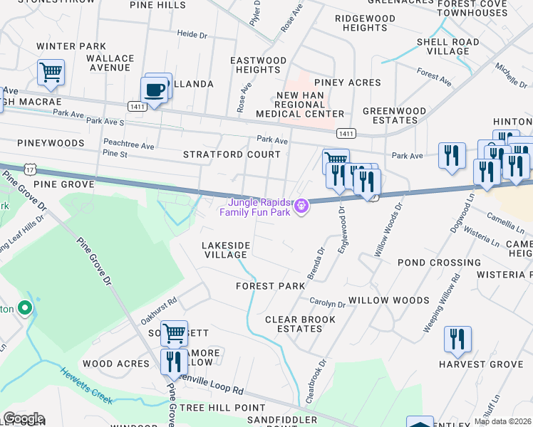 map of restaurants, bars, coffee shops, grocery stores, and more near 5214 Oleander Drive in Wilmington