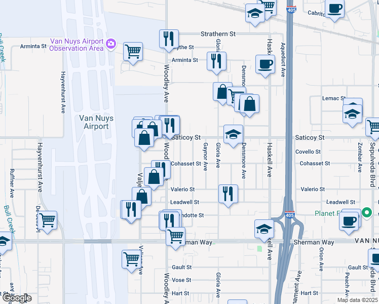 map of restaurants, bars, coffee shops, grocery stores, and more near 7525 Gaviota Ave in Los Angeles