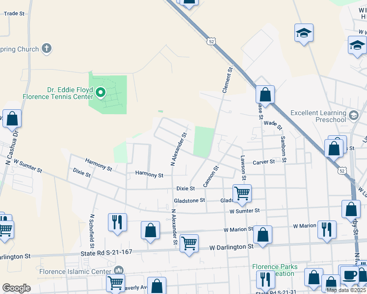 map of restaurants, bars, coffee shops, grocery stores, and more near 929 Ingram St in Florence