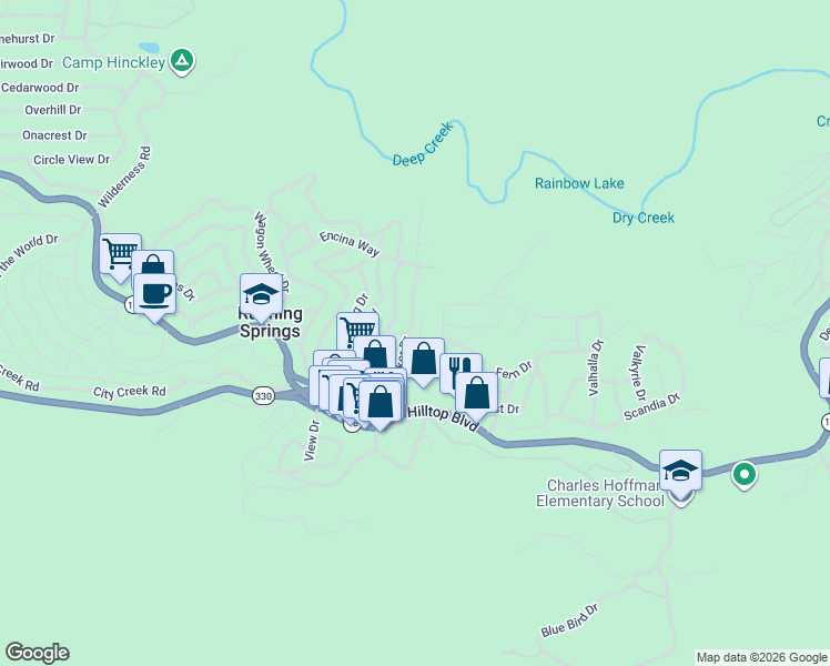 map of restaurants, bars, coffee shops, grocery stores, and more near 2541 Hunsaker Drive in Running Springs