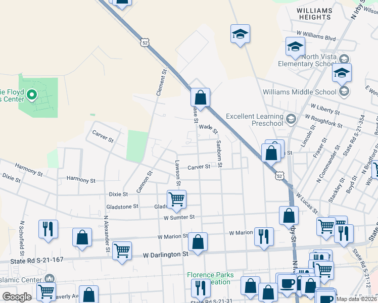 map of restaurants, bars, coffee shops, grocery stores, and more near 605 Pennsylvania Street in Florence