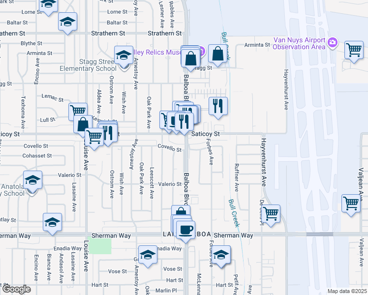 map of restaurants, bars, coffee shops, grocery stores, and more near 16901 Covello Street in Los Angeles