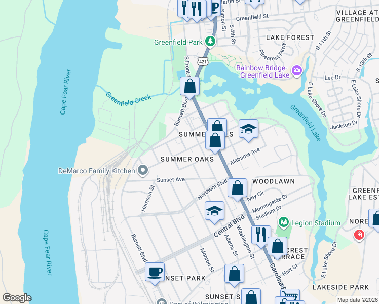 map of restaurants, bars, coffee shops, grocery stores, and more near 302 North Carolina Avenue in Wilmington