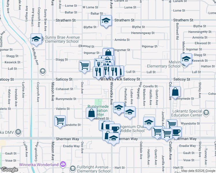 map of restaurants, bars, coffee shops, grocery stores, and more near 7555 Winnetka Avenue in Winnetka