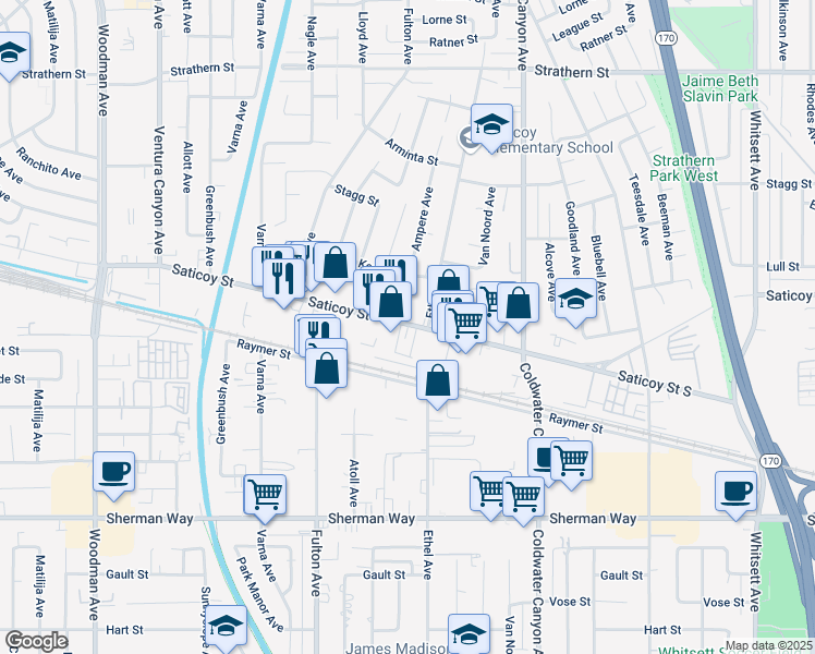 map of restaurants, bars, coffee shops, grocery stores, and more near 13120 Saticoy Street in North Hollywood