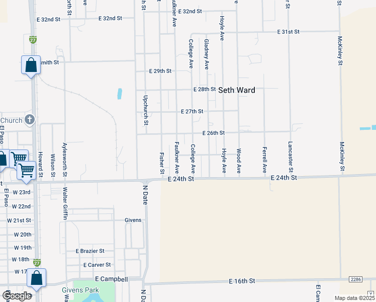 map of restaurants, bars, coffee shops, grocery stores, and more near 2501 College Avenue in Plainview