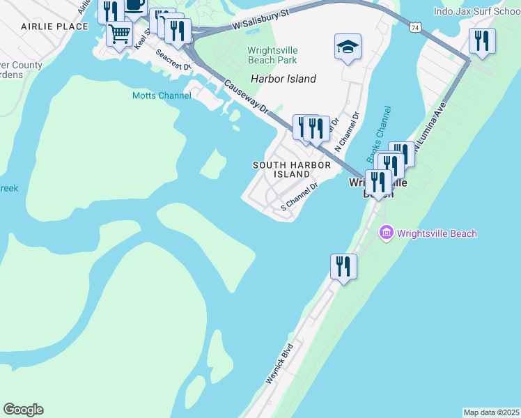 map of restaurants, bars, coffee shops, grocery stores, and more near 28 Shore Dr in Wrightsville Beach