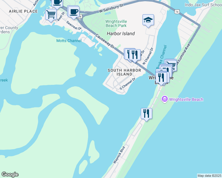 map of restaurants, bars, coffee shops, grocery stores, and more near 28 Shore Drive in Wrightsville Beach