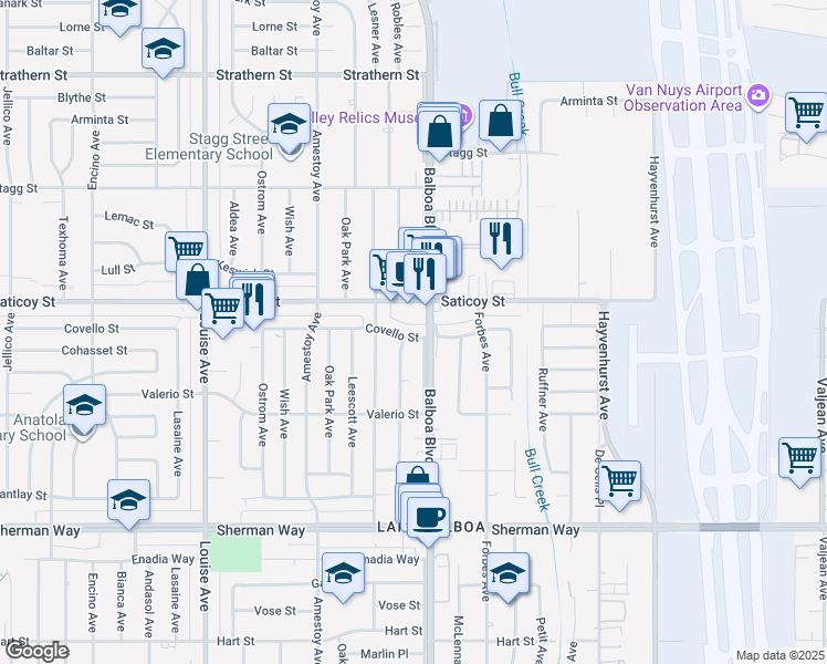map of restaurants, bars, coffee shops, grocery stores, and more near 16913 Covello Street in Los Angeles