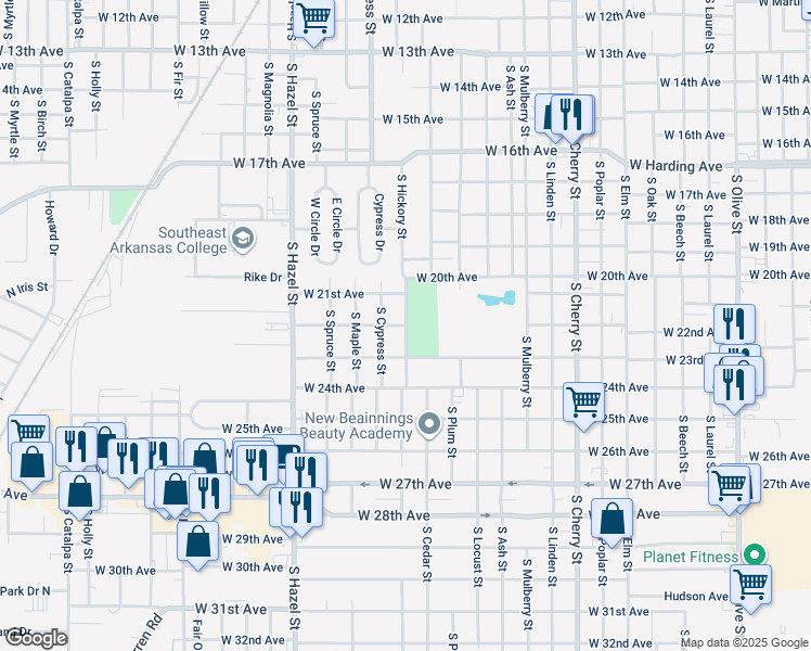 map of restaurants, bars, coffee shops, grocery stores, and more near 2198 South Hickory Street in Pine Bluff