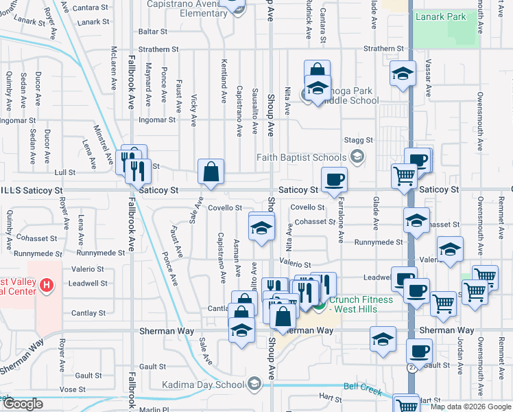 map of restaurants, bars, coffee shops, grocery stores, and more near 7534 Sausalito Avenue in Los Angeles