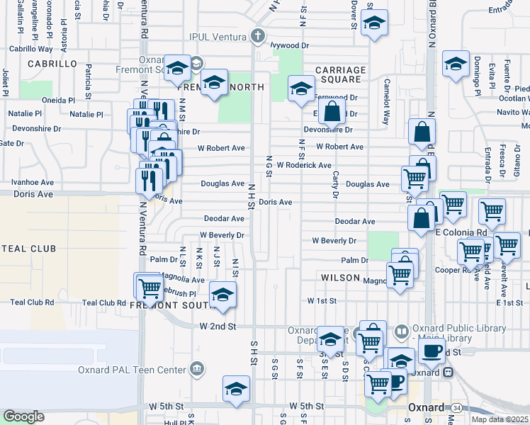 map of restaurants, bars, coffee shops, grocery stores, and more near 515 North G Street in Oxnard