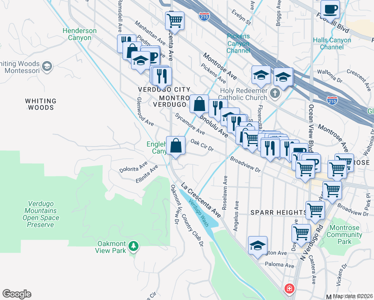map of restaurants, bars, coffee shops, grocery stores, and more near 1260 Oak Circle Drive in Glendale