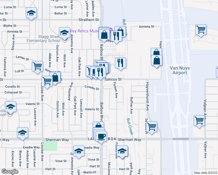 map of restaurants, bars, coffee shops, grocery stores, and more near 16833 Covello Street in Los Angeles