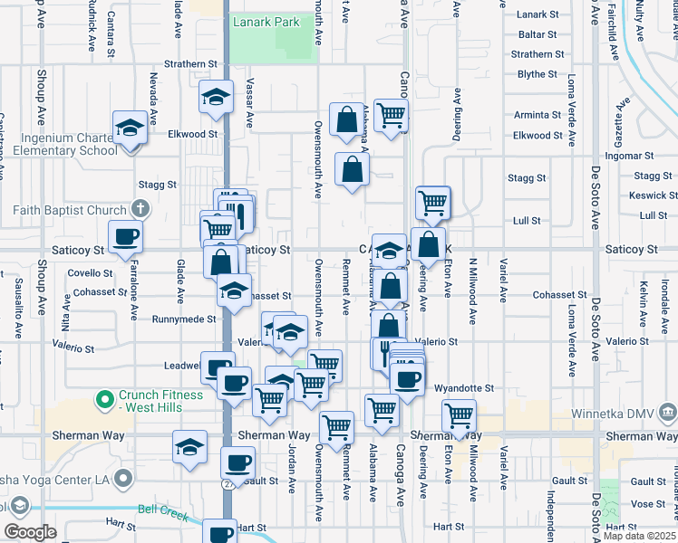 map of restaurants, bars, coffee shops, grocery stores, and more near 7533 Remmet Avenue in Los Angeles