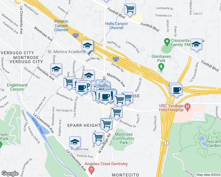 map of restaurants, bars, coffee shops, grocery stores, and more near 2238 Miravista Avenue in La Crescenta-Montrose