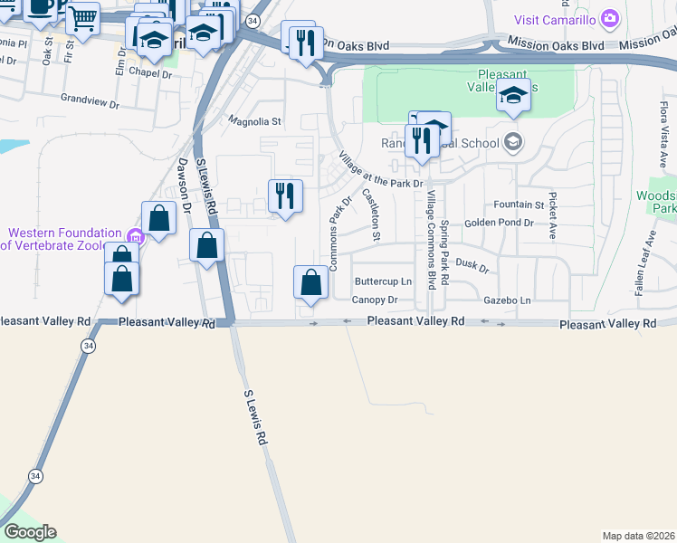 map of restaurants, bars, coffee shops, grocery stores, and more near 476 Commons Park Drive in Camarillo