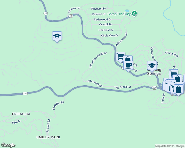 map of restaurants, bars, coffee shops, grocery stores, and more near 2541 Catalina Drive in Running Springs