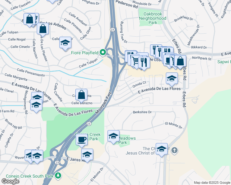 map of restaurants, bars, coffee shops, grocery stores, and more near 1647 Orinda Court in Thousand Oaks