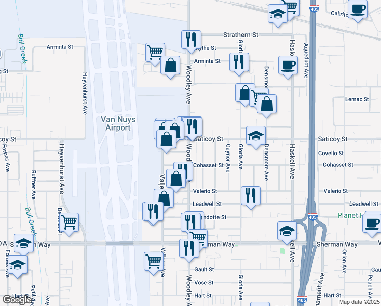 map of restaurants, bars, coffee shops, grocery stores, and more near 7526 Woodley Avenue in Los Angeles