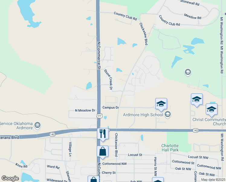 map of restaurants, bars, coffee shops, grocery stores, and more near 3101 Stone Creek Place in Ardmore