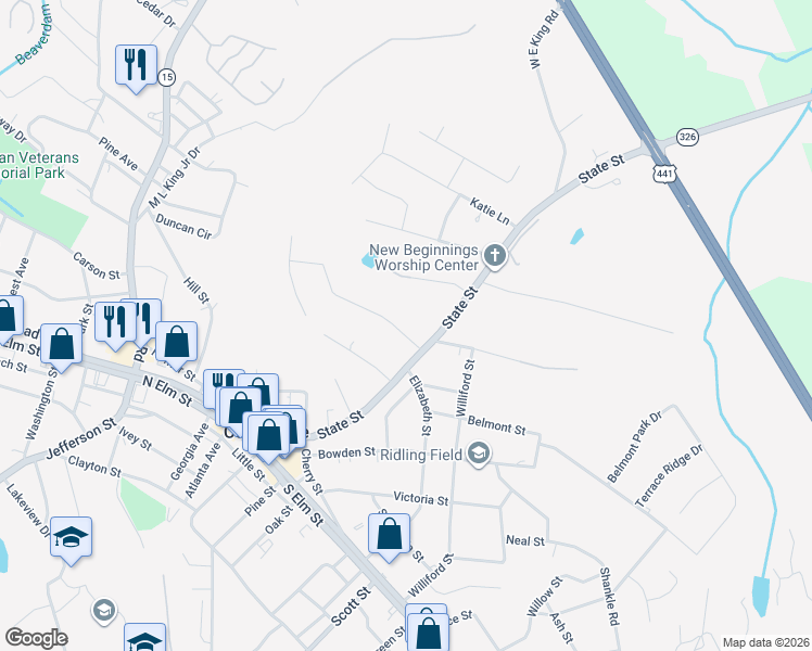 map of restaurants, bars, coffee shops, grocery stores, and more near 68 Baugh Street in Commerce
