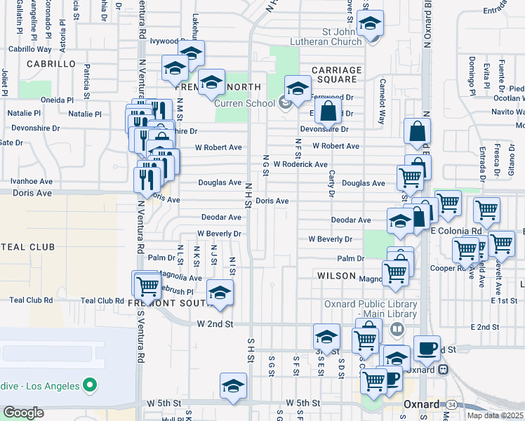 map of restaurants, bars, coffee shops, grocery stores, and more near 515 North G Street in Oxnard
