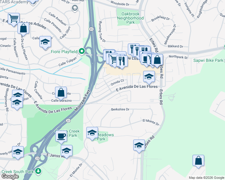 map of restaurants, bars, coffee shops, grocery stores, and more near 1765 East Avenida De Las Flores in Thousand Oaks