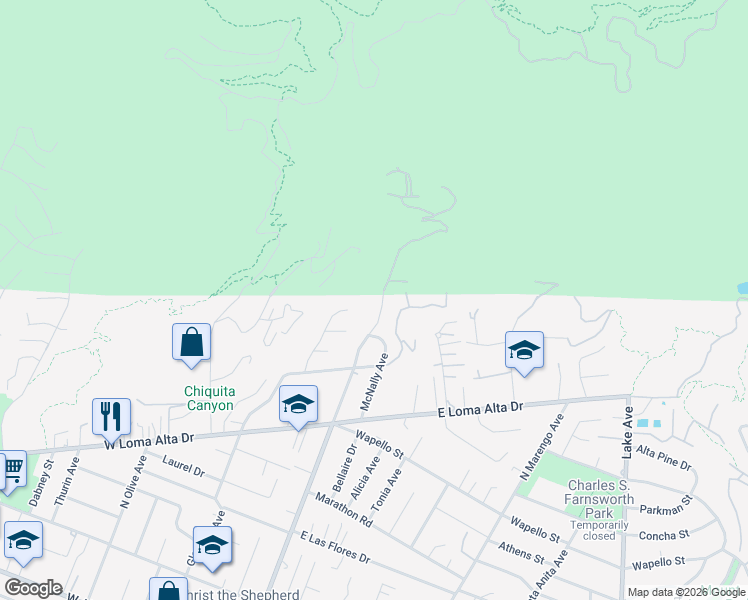 map of restaurants, bars, coffee shops, grocery stores, and more near 3689 North Fair Oaks Avenue in Altadena