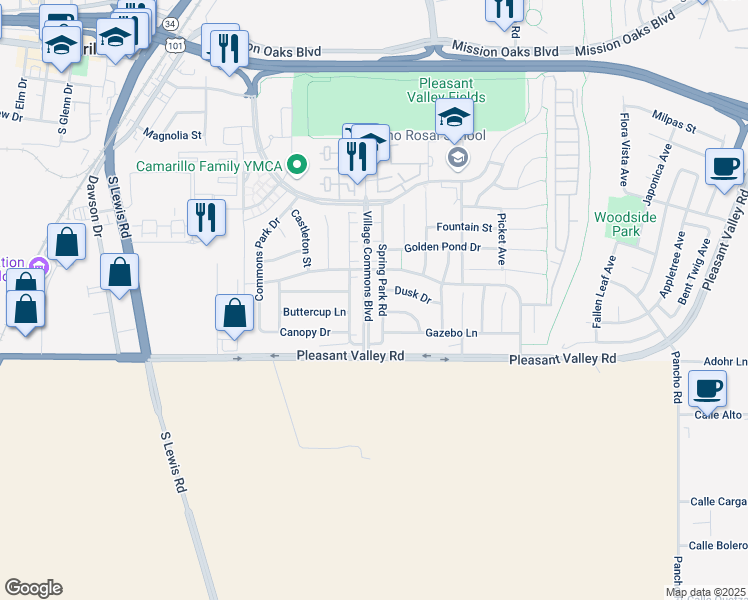 map of restaurants, bars, coffee shops, grocery stores, and more near 428 Village Commons Boulevard in Camarillo