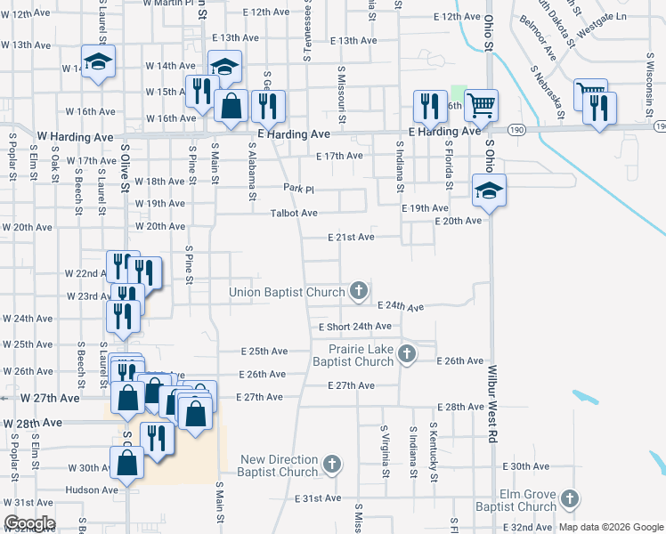 map of restaurants, bars, coffee shops, grocery stores, and more near 2201 South Louisiana Street in Pine Bluff