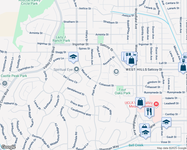 map of restaurants, bars, coffee shops, grocery stores, and more near 23411 Windom Street in Los Angeles