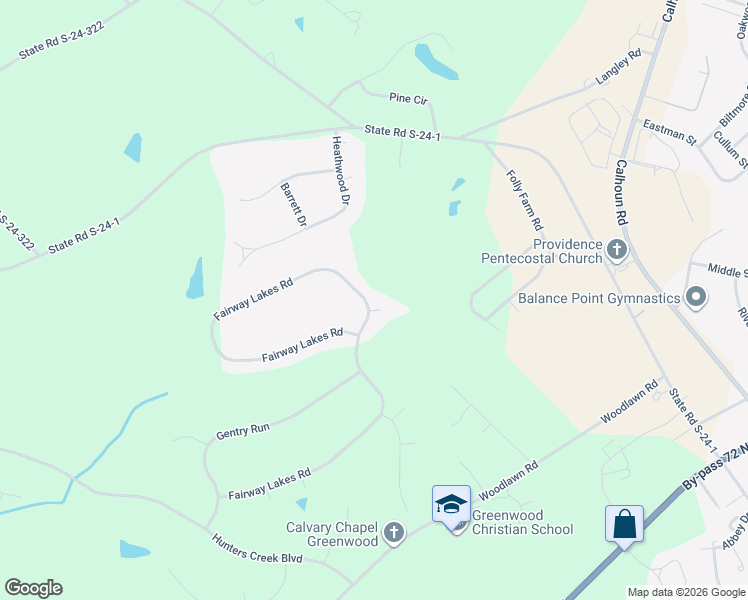 map of restaurants, bars, coffee shops, grocery stores, and more near 604 Fairway Lakes Road in Greenwood