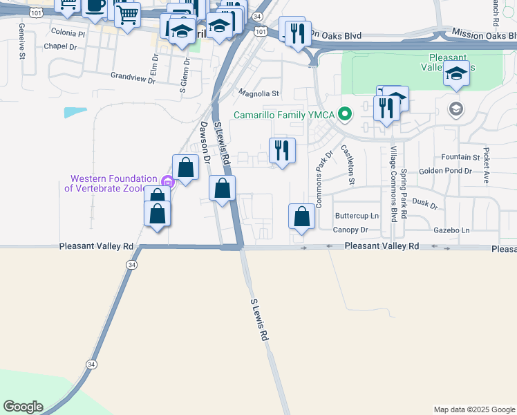 map of restaurants, bars, coffee shops, grocery stores, and more near 2 Camarillo Street in Camarillo