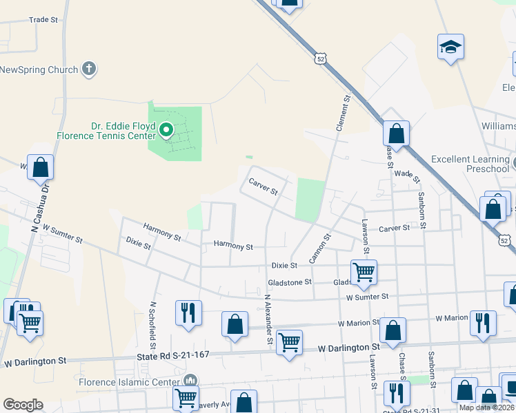 map of restaurants, bars, coffee shops, grocery stores, and more near 1012 Ingram St in Florence