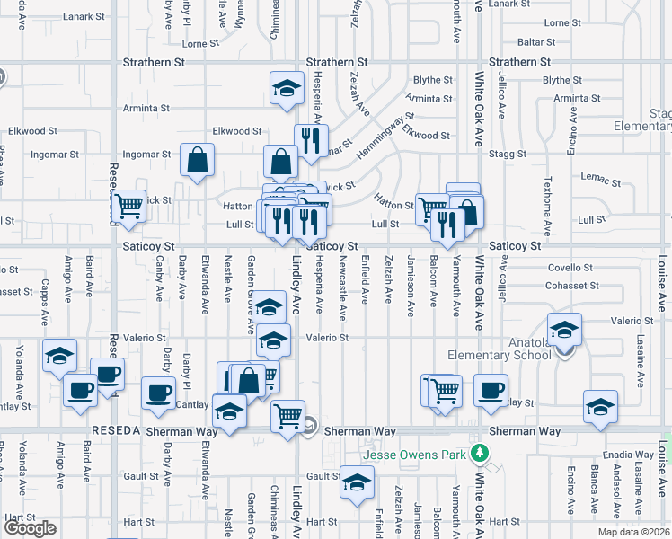 map of restaurants, bars, coffee shops, grocery stores, and more near 7531 Newcastle Avenue in Los Angeles