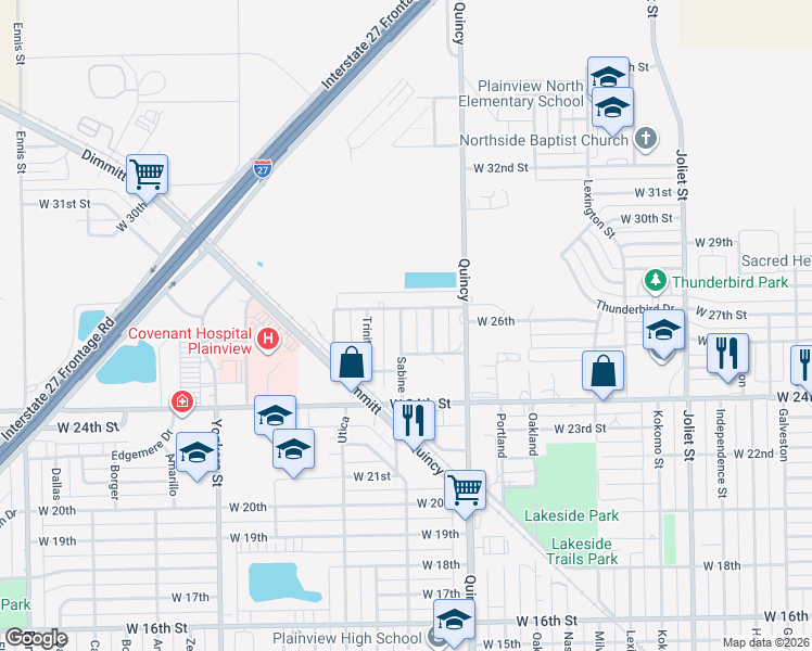 map of restaurants, bars, coffee shops, grocery stores, and more near 2512 Sabine in Plainview
