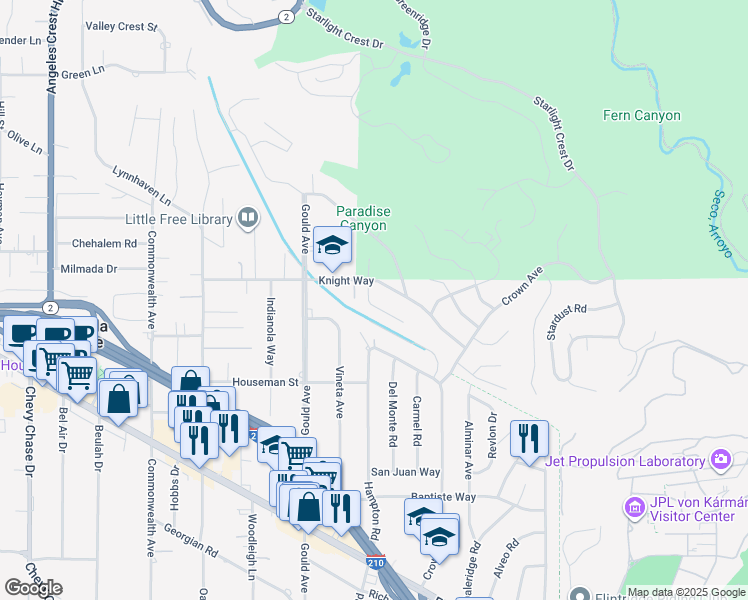 map of restaurants, bars, coffee shops, grocery stores, and more near 449 Oliveta Place in La Cañada Flintridge
