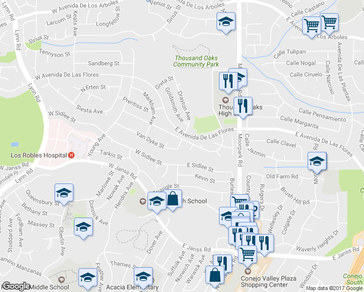 map of restaurants, bars, coffee shops, grocery stores, and more near 160 Van Dyke Street in Thousand Oaks