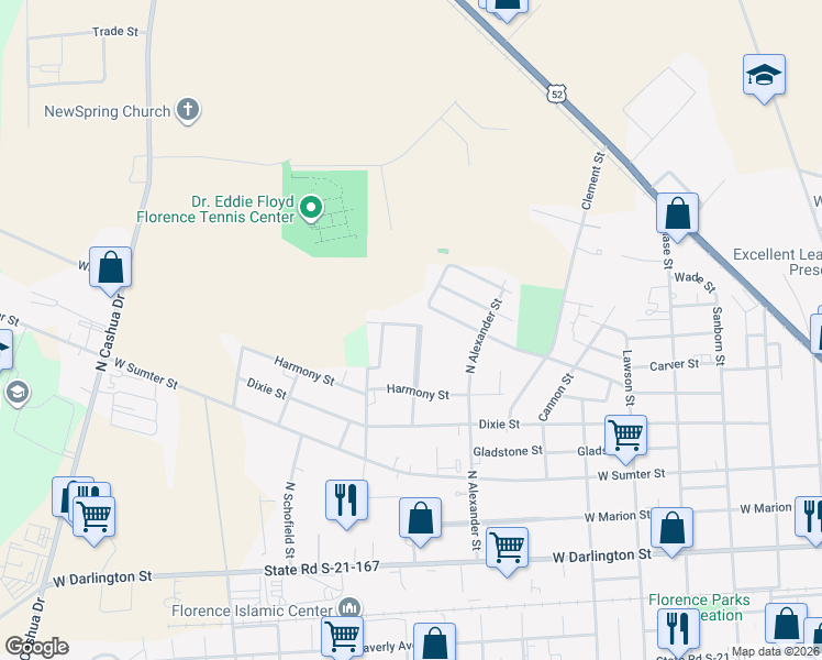 map of restaurants, bars, coffee shops, grocery stores, and more near 727 Cumberland Drive in Florence