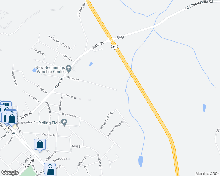 map of restaurants, bars, coffee shops, grocery stores, and more near 401 Baxter Road in Commerce