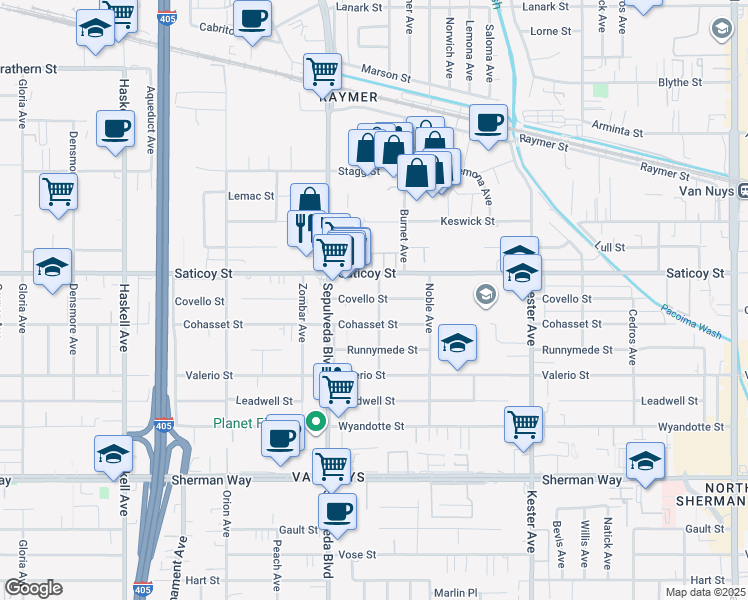 map of restaurants, bars, coffee shops, grocery stores, and more near 15204 Covello Street in Los Angeles