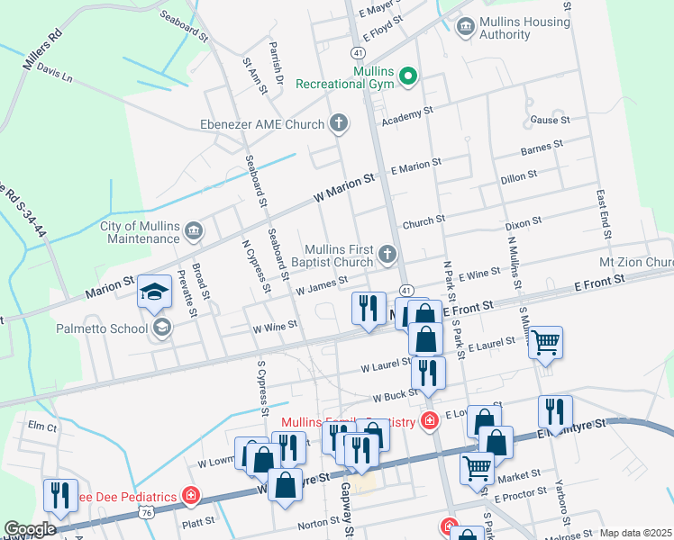 map of restaurants, bars, coffee shops, grocery stores, and more near 303 Bay Street in Mullins