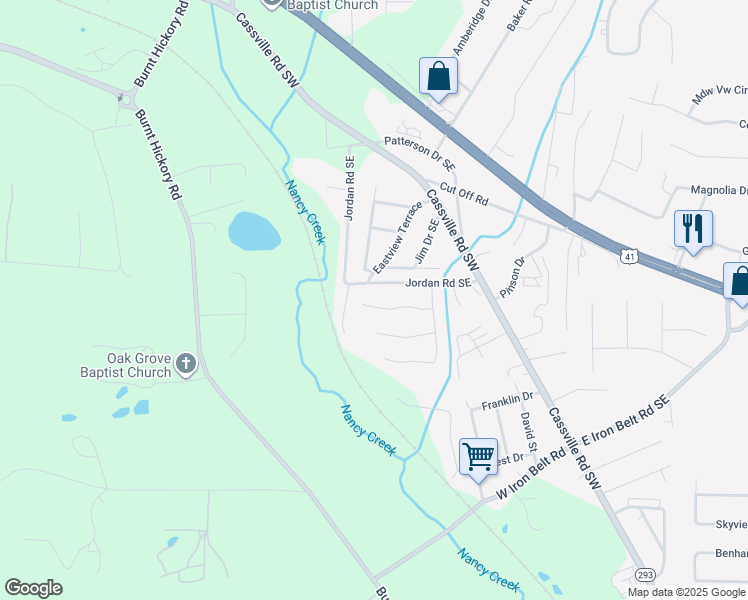 map of restaurants, bars, coffee shops, grocery stores, and more near 24 Hedgerow Court Southeast in Cartersville