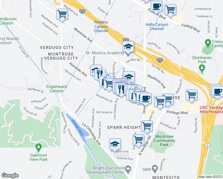 map of restaurants, bars, coffee shops, grocery stores, and more near 2465 Honolulu Avenue in Glendale
