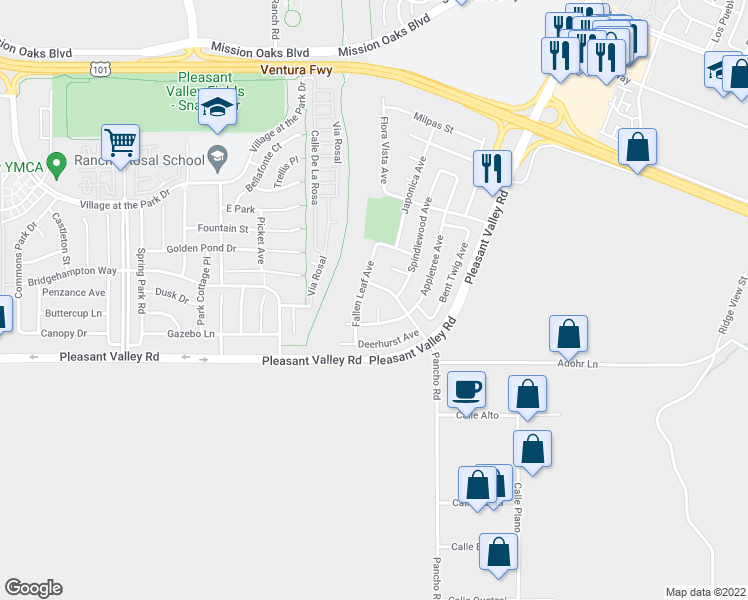 map of restaurants, bars, coffee shops, grocery stores, and more near 437 Appletree Ave in Camarillo